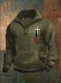 Gedetailleerd overzicht van olijfgroene wafelgebreide herenhoodie met vlagprint - S / Tops / Legergroen