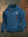 Detailweergave van blauw wafelgebreid sweatshirt met kruis en Amerikaanse vlag - S / Tops / Blauw