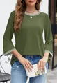 Casual olive green knit top with contrast striped rib crew neck and cuffs - Green