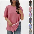 Casual women's loose round neck T-shirt with adjustable side slit, coral pink variant - S / Tops / Red