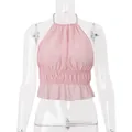 Close-up of pink pleated chiffon halter top with pearl bead strap detail - S / Tops / Pink