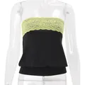 Black bandeau tube top with lime green floral lace trim on a transparent mannequin - S / Tops / Black