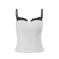 Elegant white lace trim camisole top with slim fit design and thin black straps - S / Tops / White