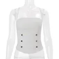 Detailed view of a white slim-fit sexy camisole top with decorative gold buttons - S / Tops / White