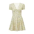 Yellow cream floral puff sleeve V-neck mini dress with French vintage style details - S / Dresses / Yellow