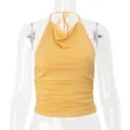 Detail view of the gathered waist and cowl neck on a yellow halter backless crop top - S / Tops / Yellow
