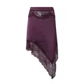 Detailed view of a purple asymmetrical satin skirt with elegant lace trim and sheer waist panel. - S / Bottoms / Purple