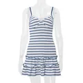 Detailed front view of a blue and white striped camisole dress with delicate lace trim - S / Dresses / Blue