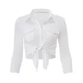 Elegant white long-sleeve cropped tie-front shirt with button collar - S / Tops / White