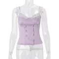 Elegant lavender satin corset camisole featuring white lace trim and button details - S / Tops / Purple