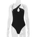 Sexy black one-piece bodysuit featuring front cutout and delicate lace trim accents - S / Tops / Black