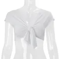 Close-up of white short-sleeve cropped shrug blouse with a stylish front tie knot - S / Short Sleeve Top / White