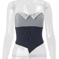 Close-up detail of color-block tube top featuring lace collar and asymmetric hem - S / Tops / Gray