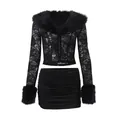 Sexy black lace long sleeve top with faux fur trim and ruched mini skirt set - Black