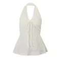 Elegant ivory lace halter neck top with V-neckline and tie-front detail for summer - S / Tops / Apricot