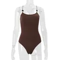 Detail view of a brown sleeveless bodysuit with beaded straps on a mannequin. - S / Top And Bottom / Brown