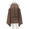 Detail view of brown off-shoulder dress with draped batwing sleeves and bodycon fit - S / Dresses / Brown