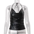 Detailed macro view showing the ruched texture on a black PU leather halter camisole top. - S / Top (F1T251099) / Black