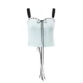 Macro view of light blue summer camisole featuring black lace straps and front bow detail - S / Tops / Light Blue