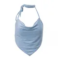 Sexy light blue glitter halter neck crop top with elegant cowl neck design for women - S / Tops / Blue