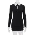 Vestido ajustado de manga larga estilo preppy con cuello polo blanco y dobladillo doble - S / Conjuntos / Negro
