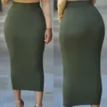 Front and back view of a solid olive green high-waisted bodycon midi skirt for women - S / Bottoms / Green