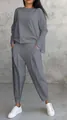 Detail view of grey two-piece casual lounge set with long sleeve top and tapered pants - Gray