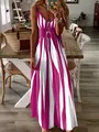 Woman taking a mirror selfie in a casual purple and white striped V-neck maxi dress - S / Dresses / Rose Red