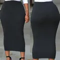 Detailed front and back view of a solid black high-waisted bodycon pencil midi skirt - S / Bottoms / Black
