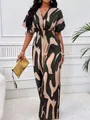 Elegant V-neck batwing sleeve jumpsuit with a bold abstract print and chic wide-leg design - S / Khaki Pink