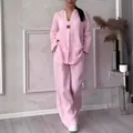 Two-piece pink linen cotton set with loose shirt and wide-leg trousers - S / Top And Bottom / Pink