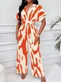 Elegant orange marble print jumpsuit with V-neck and batwing sleeves for women - S / Orange