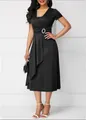 Elegant black V-neck dress featuring a stylish waist buckle and asymmetrical hemline - S / Dresses / Black