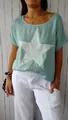 Macro view showing the sparkling rhinestone star detail on a breathable cotton linen top - S / Tops / Emerald Green