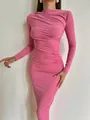 Elegant pink long-sleeved ruched bodycon midi dress featuring a round neckline - S / Dresses / Pink