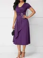 Elegant purple V-neck midi dress with asymmetric drape skirt and waist buckle detail - S / Dresses / Purple
