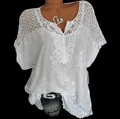 Women's white lace V-neck embroidered blouse with batwing sleeves - S / Tops / White