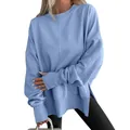 Sudadera oversize azul claro con cuello redondo, mangas murciélago y aberturas - S / Tops / Azul