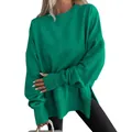 Sudadera verde esmeralda extragrande con aberturas laterales y cuello redondo de moda. - S / Tops / Verde