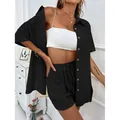 Set casual due pezzi nero con camicia a maniche corte e pantaloncini coordinati neri - Taglia S / Top E Pantaloni / Nero