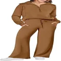 Set tuta marrone due pezzi da donna con felpa a mezza zip e pantaloni larghi alla moda - Colore caramello