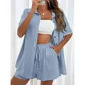 Conjunto casual de 2 piezas para mujer con camisa de manga corta azul claro y pantalón - Azul claro