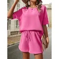 Completo due pezzi in maglia a nido d'ape rosa con top a maniche a pipistrello - Taglia S / Top E Pantaloni / Rosso rosa