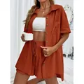 Conjunto casual de 2 piezas para mujer, camisa de manga corta y pantalones cortos naranja - Naranja