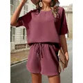 Completo 2 pezzi in maglia a nido d'ape malva con top a pipistrello e shorts - Borgogna