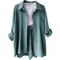 Damen Freizeit-Set aus Crinkle-Stoff in Salbeigrün mit Hemd und Shorts mit Kordelzug - Aqua