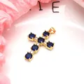 Macro view of a gold-plated cross pendant set with vibrant blue and white zircons. - Pendant Only (Without Chain) / Dark Blue
