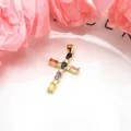 Close-up of gold-plated copper cross pendant featuring multi-colored oval zircon stones - Pendant Only (Without Chain) / Rainbow