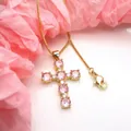 Gold-plated cross pendant necklace with pink and clear cubic zirconia stones - Necklace Set / Pink
