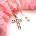 Close-up of golden cross pendant with purple round zircon crystals - Necklace Set / Light Purple